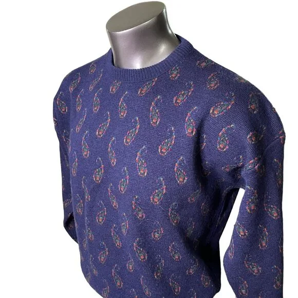 Vintage 80s Italy Made Sweater Paisley Print Acrylic Wool Mens Size L u - Picture 2 of 7